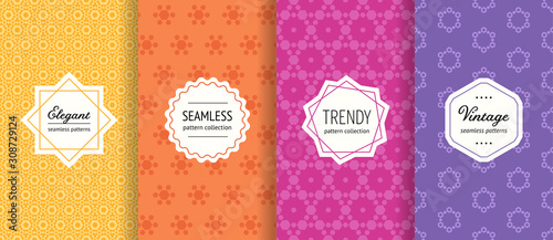 Vector geometric seamless pattern collection. Set of bright colorful background swatches with modern labels. Cute abstract textures. Design with hexagons, triangles. Yellow, orange, pink, purple color