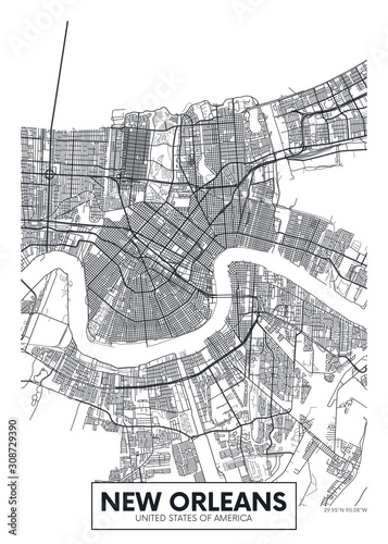 Fototapet City map New Orleans, travel vector poster design