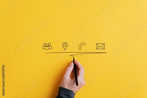 Contact and communication icons on yellow background photo