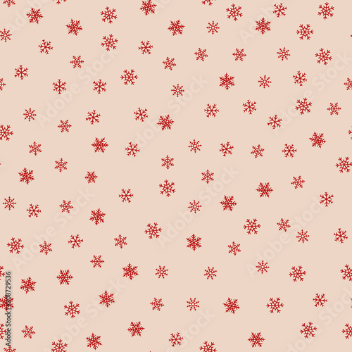 Snowflakes seamless pattern. Vector background with small hand drawn red snow flakes. Winter holidays theme, Christmas and New Year texture. Simple minimal repeat design for decor, print, wallpapers