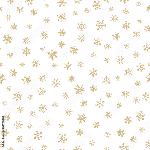 Golden snowflakes seamless pattern. Luxury vector Christmas background with small gold snow flakes on white backdrop. Winter holidays texture. Elegant design for decoration, tileable print, gift paper