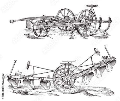 Old plough or plow / vintage illustration from Meyers Konversations-Lexikon 1897