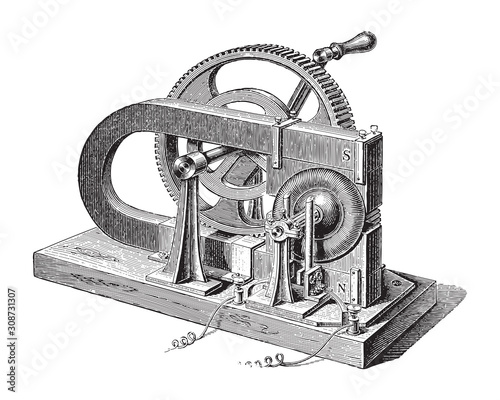 Electricity machine (magno electric) by Gramme / vintage illustrations from Meyers Konversations-Lexikon 1897