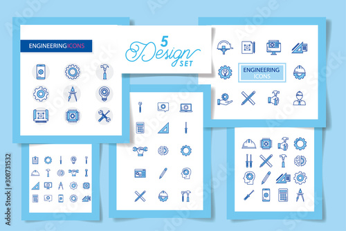 bundle with set five designs engineering and tools working vector illustration design