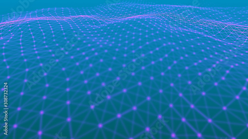 Wave of points and lines. Abstract background with dynamic wave. Dots in space. 3d rendering.