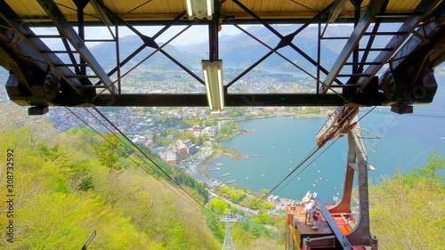 Funicular descends from the mountain TenjoYama. Landscape beautiful Lake Kawaguchiko