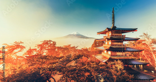  Mt. Fuji and Chureito Pagoda with cloud sea at dawn, Japan.