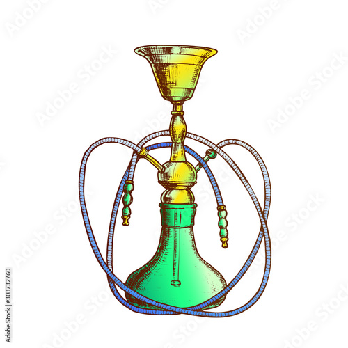 Hookah Lounge Bar Relax Equipment Retro Vector. Standing Arabian Traditional Smoking Cultural Glass Hookah With Two Tubes. Oriental Relaxation Aroma Tobacco Tool Color Hand Drawn Illustration