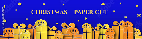 Horizontal banner with gifts, christmas balls. Design for advertising and social networks. Place for text. Paper cut.