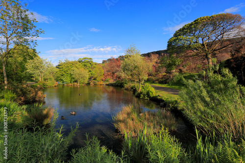View over Ilkley Moor Tarn, above the town of Ilkley, West Yorkshire, England, UK