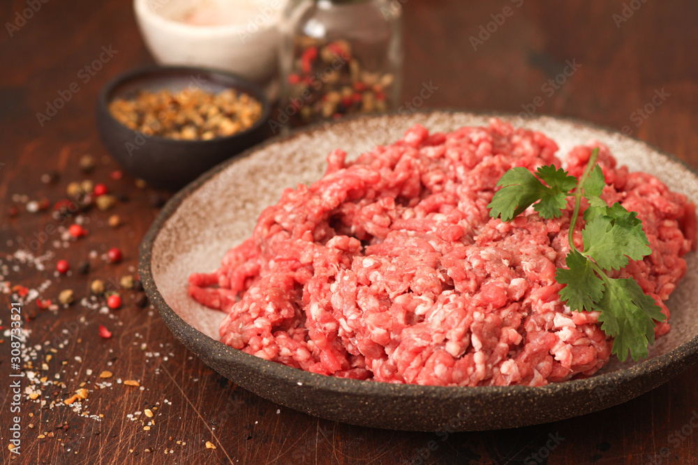 Fresh Raw mince, Minced beef, ground meat with spices