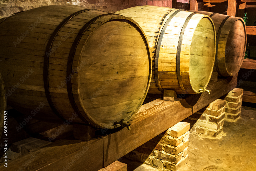 wine cellar, wine barrel storage, selective focus