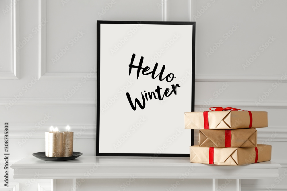 White wall background with fireplace and free space for your decoration. Winter background and copy space. 