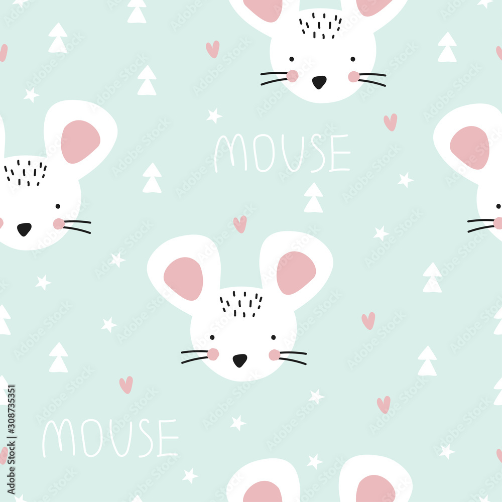 Seamless pattern with mouse on mint background. Vector illustration for printing on fabric, postcard, wrapping paper, gift products, Wallpaper, clothing. Cute baby background.