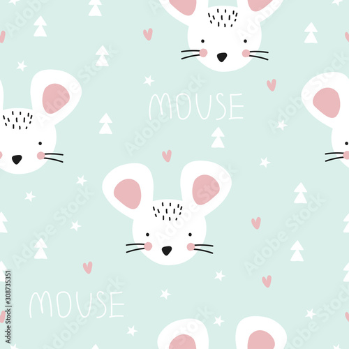 Seamless pattern with mouse on mint background. Vector illustration for printing on fabric, postcard, wrapping paper, gift products, Wallpaper, clothing. Cute baby background. © Дмитрий Бондаренко