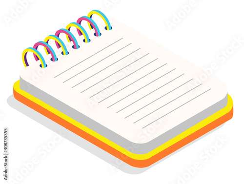 Blank vertical spiral notebook with yellow and orange cover isolated on white background. Opened notepad with clean sheets. Office supplies and colorful stationery isometric style vector illustration