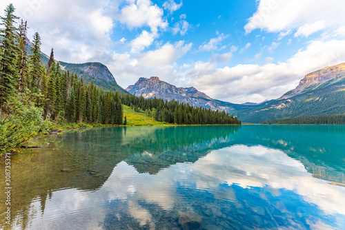 Beautiful reflection at Emerald Lake in Yoho National Park  British Columbia  Canada