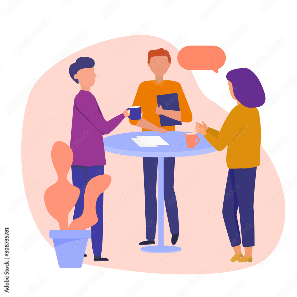 Daily Scrum or Stand-up Scrum with Development team, Scrum Master, and Product Owner. Setting up prioritized worklist. Vector concept illustration.