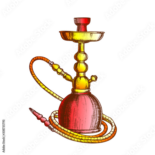 Hookah Lounge Cafe Relax Equipment Retro Vector. Standing Single Stemmed Hookah For Vaporizing And Smoking Flavored Cannabis, Tobacco Or Opium. Color Designed In Retro Style Illustration