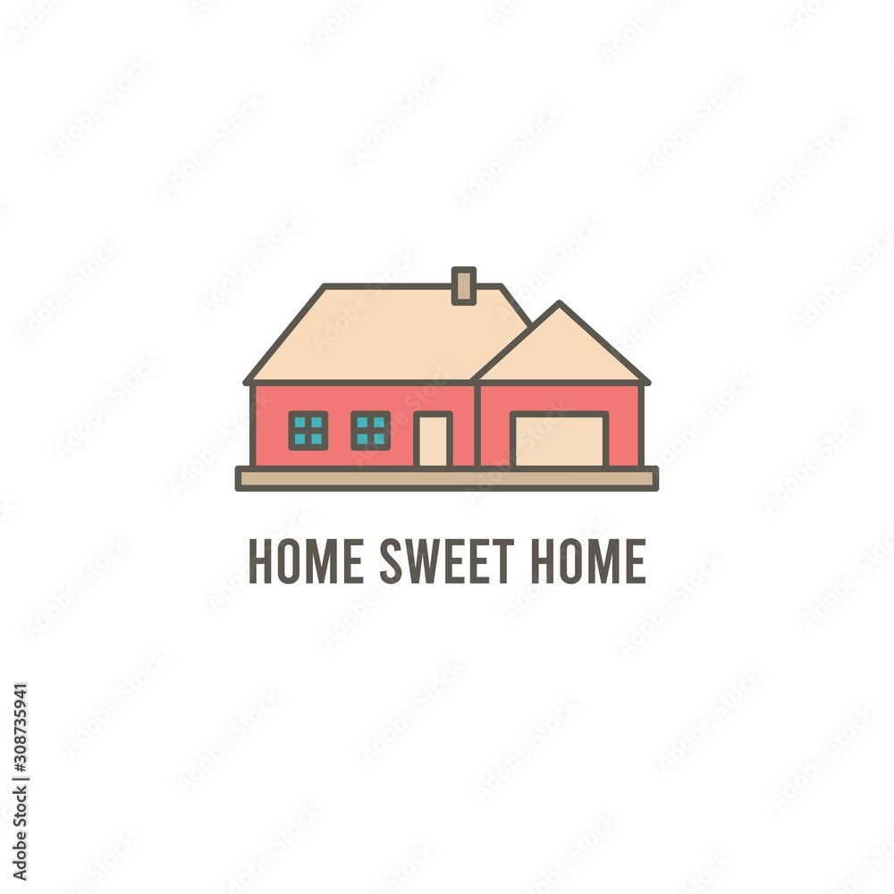 Home sweet home. Front, facade of house, building. Minimalistic logo.  Colored graphic vector illustration. Cartoon style, simple flat design.  Isolated icon on a white background Stock Vector | Adobe Stock