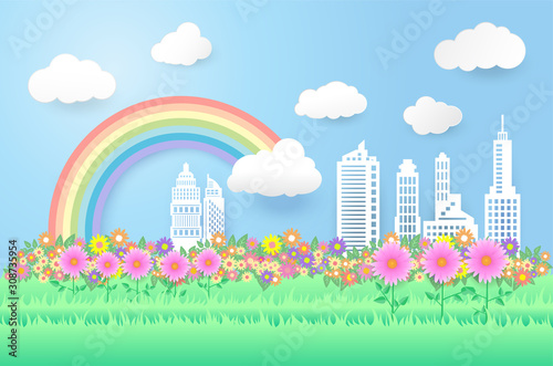 beautiful rainbow and flowers in the city scape , paper art style