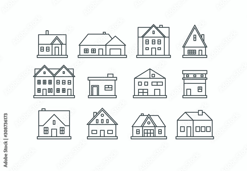 Real estate. Various houses and buildings. Minimalistic icons, logos. Graphic vector set. Cartoon style, simple flat design. Trendy illustration. Every icon is isolated on a white background
