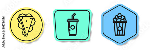 Set line Sandwich, Paper glass with drinking straw and water and Popcorn in cardboard box. Colored shapes. Vector