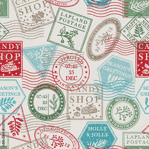 Seamless pattern Vintage grunge texture christmas stamp rubber with holiday symbols in red, green and blue colors. For xmas greeting card, invitations, web banner, sale flyers retro design