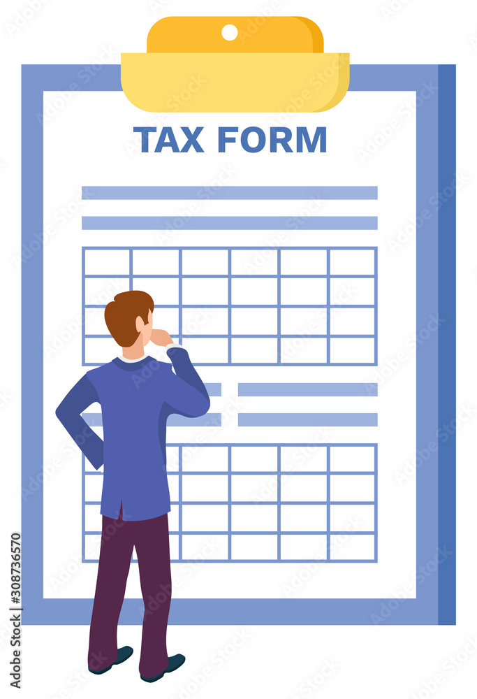 Man thinking how to fill in tax form isolated cartoon style person back view. Vector clipboard and blank financial issues declaration, worried person calculating spends Man thinking how to fill in tax form isolated cartoon style person back view. Vector clipboard and blank financial issues declaration, worried person calculating spends