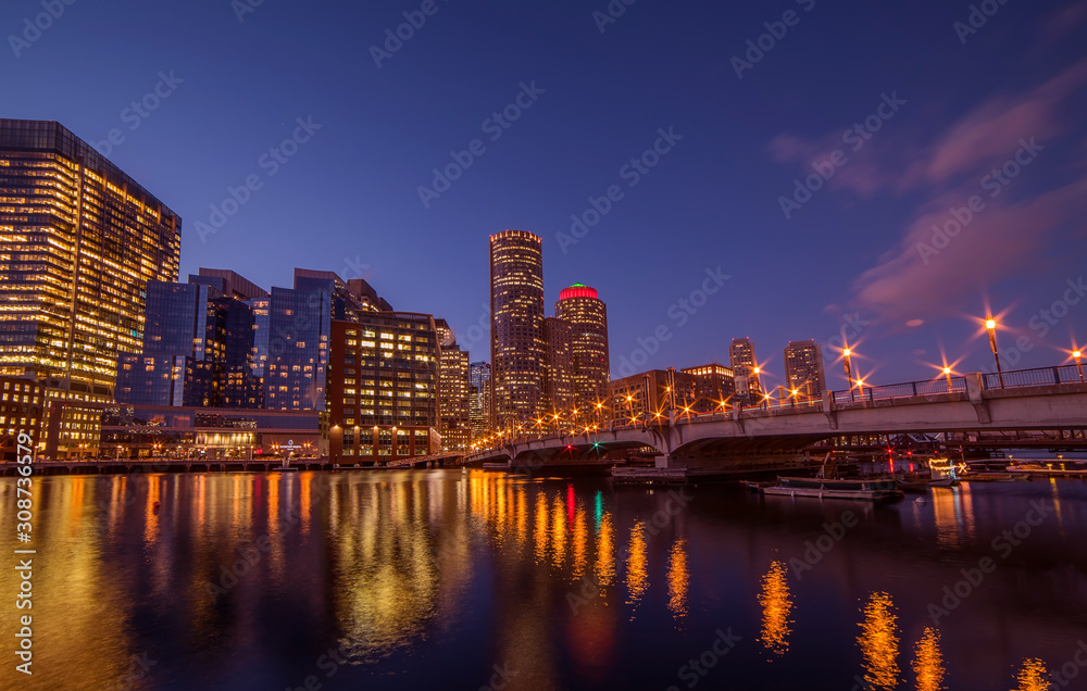 Night view of winter Boston. View of the river bay, bridges and night buildings. USA. Boston. Massachusetts.
