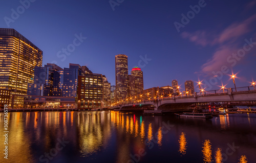 Night view of winter Boston. View of the river bay, bridges and night buildings. USA. Boston. Massachusetts.