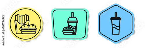 Set line Burger and french fries in carton package box, Paper glass with drinking straw and burger and Paper glass with drinking straw and water. Colored shapes. Vector