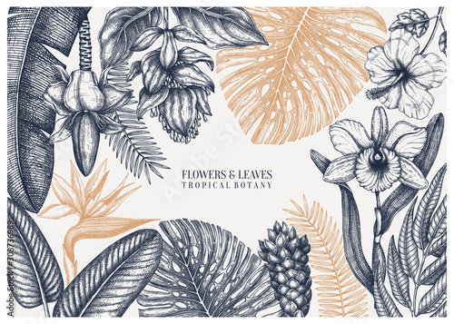 Tropical paradise frame design. With hand drawn exotic plants, citrus fruits, tropical plants, palm leaves sketches. Floral wedding template.
