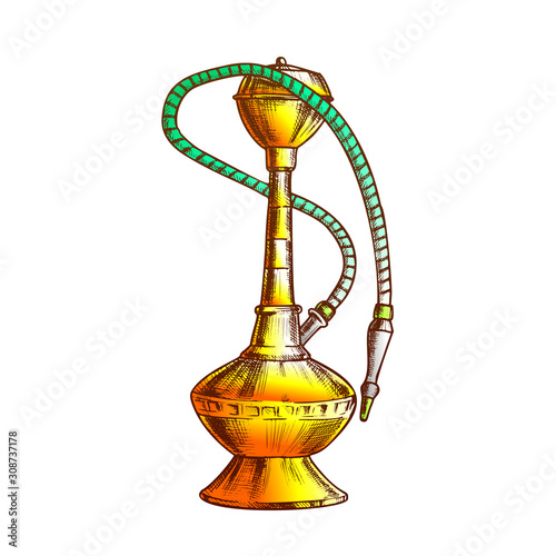 Smoking Hookah Lounge Cafe Tool Hand Drawn Vector. For Hookah Manufacturers Increasingly Use Stainless Steel And Aluminium. Relaxation Accessory Color Designed In Retro Style Illustration
