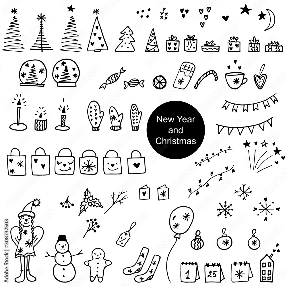 Big set of New Year and Christmas icons. Hand drawn vector illustration. Winter elements for greeting cards, posters, stickers and seasonal design. Isolated on white background.