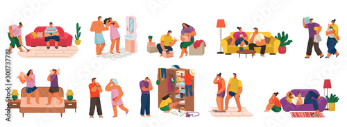 Collection of couples activities. Set of isolated pairs at home. Man and woman in bathroom, fighting with pillows or shopping together. Male and female cleaning at house, having fun. Vector in flat