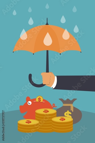 Businessman holding umbrella to protect currency concept. Avoid financial risks and secure investments. Financial savings, wealth management