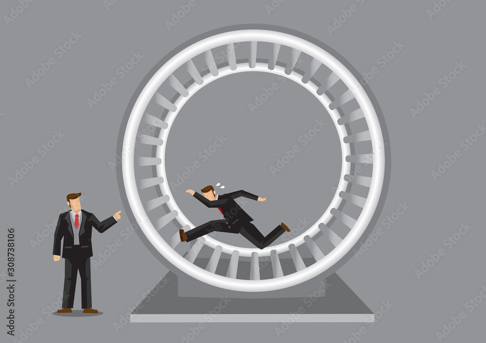 Employee Running in Human Hamster Wheel Cartoon Vector Illustration on Rat Race Metaphor Stock