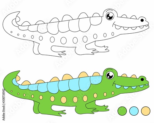 Educational children game - coloring picture for example. Isolated vector wild animal - cute crocodile.