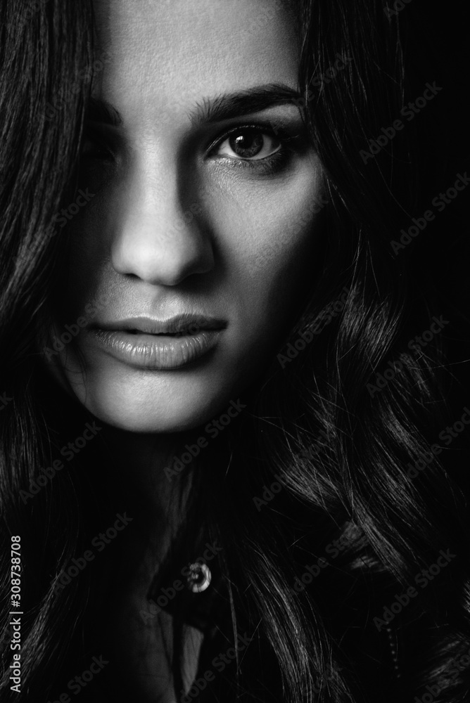portrait of a young brunette girl with makeup and styling long hair portrait of a young brunette girl with makeup and styling long hair
