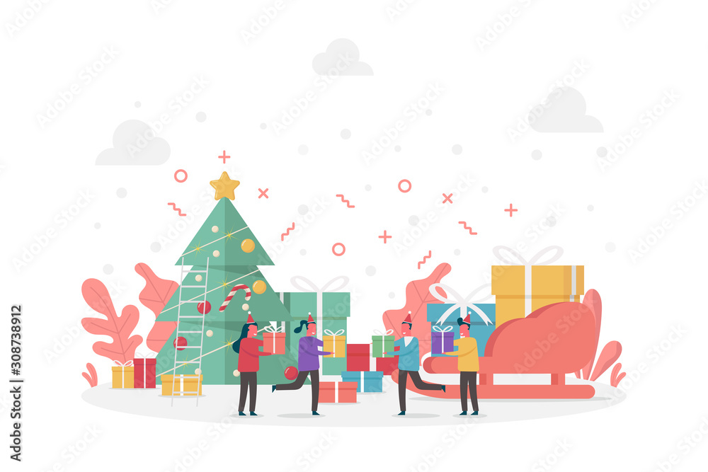 concept of new year celebration and Merry Christmas with large gifts, pine tree, sleigh and tiny people, flat vector illustration for web, landing page, ui, banner, editorial, mobile app and flyer.