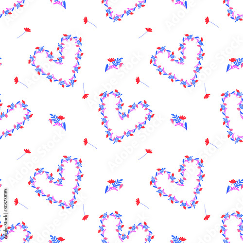 Seamless pattern heart-shaped frame made of blue and pink flowers. Isolated stock vector on white background, For wrapping paper, scrap booking and printed matter, invitation, greeting cards.