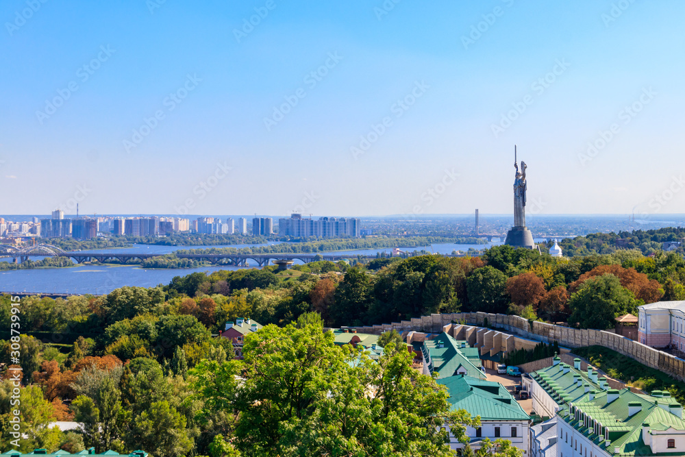 View of Motherland Monument and the Dnieper river in Kiev, Ukraine. Kiev cityscape