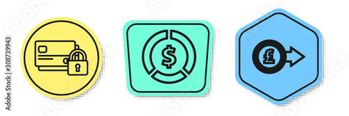 Set line Credit card with lock, Coin money with dollar symbol and Coin money with pound sterling symbol. Colored shapes. Vector