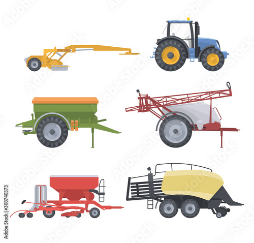 Tractor set. vector flat illustarion. Agriculture machine with equipment. Mower spreader sprayer seeder baler photo