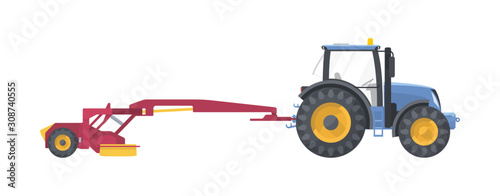 Tractor set. vector flat illustarion. Agriculture machine with mower