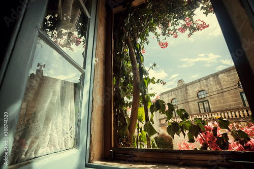 Fototapet Morning in old house window, with garden flowers and historical building behind