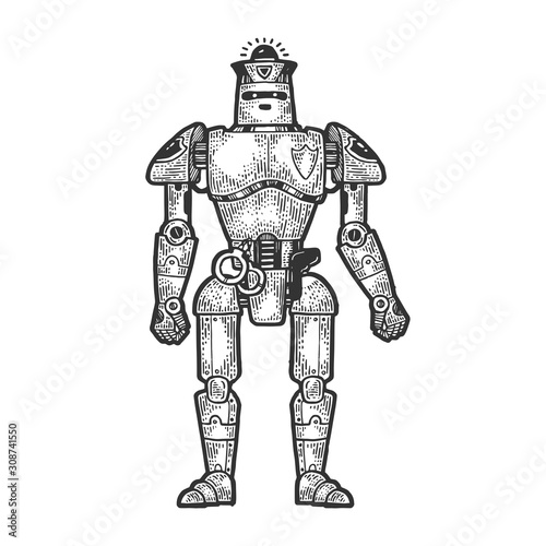Robot cop policeman sketch engraving vector illustration. T-shirt apparel print design. Scratch board style imitation. Black and white hand drawn image.