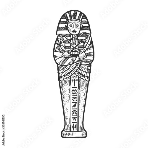Ancient Egyptian Sarcophagus sketch engraving vector illustration. T-shirt apparel print design. Scratch board imitation. Black and white hand drawn image.