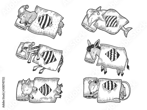 Cartoon funny sleeping animals set sketch engraving vector illustration. T-shirt apparel print design. Scratch board style imitation. Black and white hand drawn image.